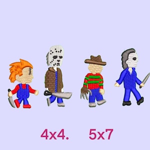 May include: Embroidered figures of horror movie characters Chucky, Jason Voorhees, Freddy Krueger, and Michael Myers, each holding a knife. The figures are in a walking pose, with the text "4x4. 5x7" below them.