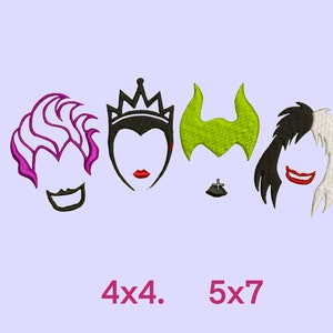 May include: Four black and white silhouette images of Disney villains. The villains are Maleficent, Ursula, Cruella de Vil, and the Evil Queen. The images are in a row and are 4x4 inches in size. The text "4x4. 5x7" is below the images.