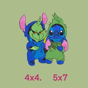 May include: Embroidered patch featuring a green Grinch and a blue Stitch character from Disney's Lilo & Stitch, both wearing blue and green hoodies. The patch is 10.16cm x 10.16cm and 12.7cm x 17.78cm.