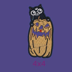 May include: A black cat with a crescent moon on its head sits on top of a brown jack-o'-lantern with a purple and orange face. The text "4x4" is printed below the image.