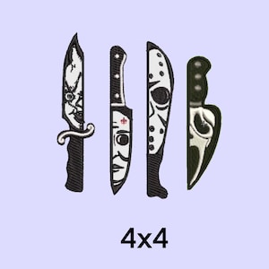 May include: Four black and white embroidered knives with different horror movie character faces on the blades. The text "4x4" is below the knives.
