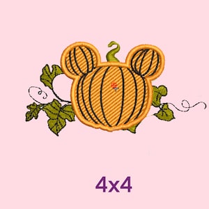 May include: An embroidered design of a pumpkin with Mickey Mouse ears, surrounded by green leaves. The design is 4x4 inches.