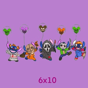 May include: Six embroidered Halloween-themed Stitch characters holding balloons. The characters are dressed as Jason Voorhees, Ghostface, Pennywise, and other horror icons. The balloons are Mickey Mouse shaped and have a variety of colours.