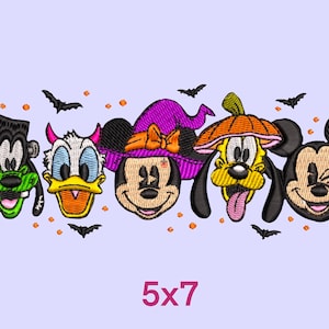 May include: An embroidered design featuring Mickey Mouse, Minnie Mouse, Donald Duck, Goofy, and Pluto dressed in Halloween costumes. The characters are arranged in a row with bats and orange and purple confetti in the background. The design is 5 inches by 7 inches.