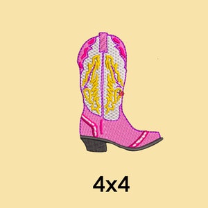 May include: Pink cowboy boot with yellow and purple embroidery. The boot is 4 inches by 4 inches.