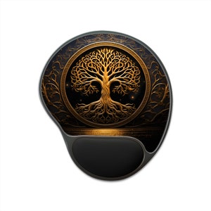 Tree of Life Mouse Pad With Wrist Rest, Norse Mythology Ergonomic Black Mousepad, World Tree Yggdrasil, Memory Foam Support, Viking Art Gift
