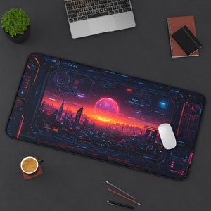 Cyberpunk Cityscape Desk Mat: Retro UI Neon Tech Mouse Pad