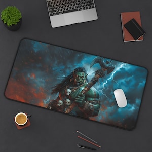 Orc Warrior Desk Mat, Role Playing Game Mouse Pad XXL, Anti-slip Fantasy Gaming Mousepad, RPG Desk Decor for Work and Game