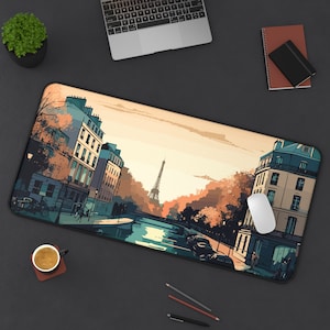 Tapis de bureau Paris, tapis de souris de peinture de paysage XXL, tapis de souris de jeu anti-dérapant de paysage urbain de tour Eiffel, décor de bureau français pour le travail et le jeu