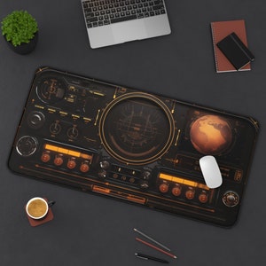 Retro Futuristic Desk Mat, Spacecraft Control Panel Mouse Pad XXL, Anti-slip Gaming HUD Mousepad, Sci-fi Desk Decor for Work and Play