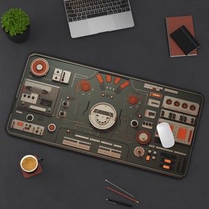 Retro Spacecraft Control Panel Desk Mat XXL Mousepad | Anti-slip Sci-fi Gaming Mouse Pad | Retro Orange And Grey Color Desk Decor