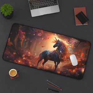 Unicorn Desk Mat, Enchanted Forest Mouse Pad XXL, Anti-slip Cute Gaming Mousepad, Fantasy Art Colorful Desk Decor for Work and Play