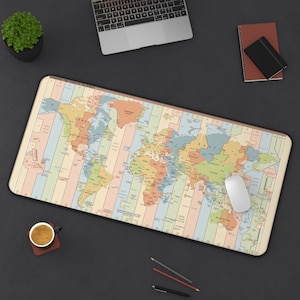 Bureaumat Time Zones of the World | Wereldkaart-muismat XXL | Antislip gamingmuismat voor reizigers | Map Art Desk-decoratie voor werk en gamen