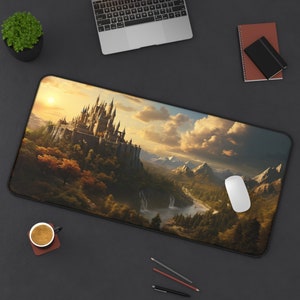 Camelot Desk Mat, Arthurian Legend Mouse Pad XXL, Anti-slip Gaming Mousepad, Fantasy Landscape, Mythology Desk Decor for Work and Play