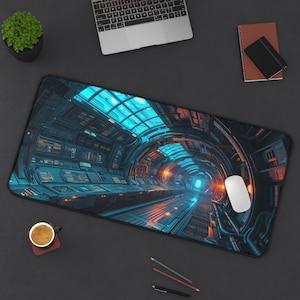 Spaceship Interior Desk Mat, Sci-fi Indoors Mouse Pad XXL, Anti-slip Futuristic Gaming Mousepad, Star Field Desk Decor for Work and Play