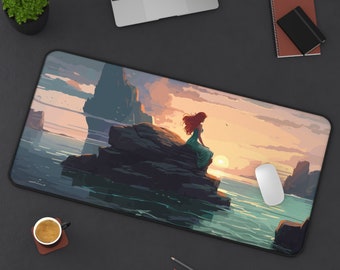 Mermaid Desk Mat, Fantasy Sea Mouse Pad XXL, Anti-slip Ocean Sunset House Gaming Mousepad, Sea Myth Desk Decor for Work and Game