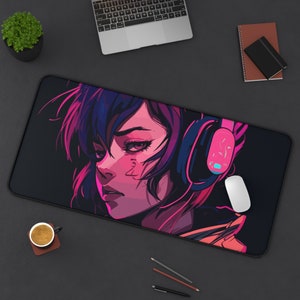 Cyberpunk Anime Girl Desk Mat, Portrait Mouse Pad XXL, Anti-slip Manga Gaming Mousepad, Futuristic Anime Desk Decor for Work and Game