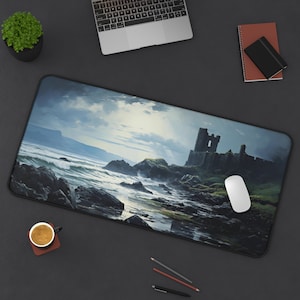 Celtic Ruins Desk Mat, Muted Landscape Mousepad XXL, Anti-slip Gaming Mousepad, Great British Coast, Coastline Desk Decor for Work and Play