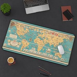 Alfombrilla de escritorio con mapa del mundo unido, alfombrilla de ratón XXL con imagen de la paz mundial, alfombrilla de ratón antideslizante para juegos, decoración de mapas vintage para trabajar y jugar