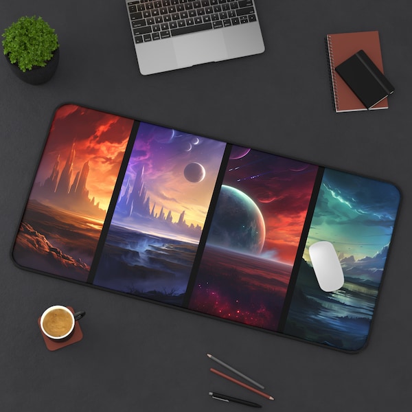 Planets Multi-panel Desk Mat XXL Mousepad | Anti-slip Sci-fi Gaming Mouse Pad | Space Exploration | Vibrant Skyline | Star Field Desk Decor
