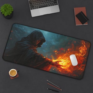 Fire Sorcerer Desk Mat, Arcane Spellcaster Mouse Pad XXL, Anti-slip Gaming Mousepad, Fantasy Role Playing Desk Decor for Work and Play
