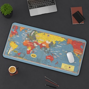 Bureaumat uit de Tweede Wereldoorlog, 1944 Kaart van de Wereld Muismat XXL, Oorlogskaart, Antislip Gaming Muismat, WO II Bureau Decor voor werk en spel