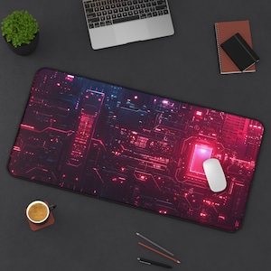 Neon Cyberpunk Desk Mat: Futuristic Sci-Fi Grid Gaming Pad