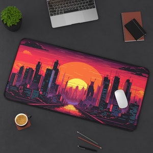 Alfombrilla de ratón XXL con diseño de paisaje urbano al atardecer, estilo retro de los 80