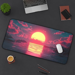 Alfombrilla de escritorio Vaporwave Sunset: alfombrilla de ratón para juegos de neón retro de los 80
