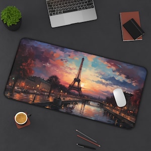 Tapis de bureau Paris, tour Eiffel Seine, tapis de souris XXL, illustration de paysage urbain, tapis de souris gaming antidérapant, décoration de bureau pour travailler et jouer