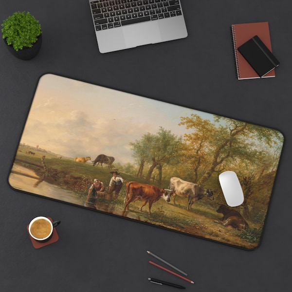 Landscape with Cattle Desk Mat, Famous Painting Mouse Pad XXL, Anti-slip Vintage Gaming Mousepad, Classic Art Desk Decor for Work Game