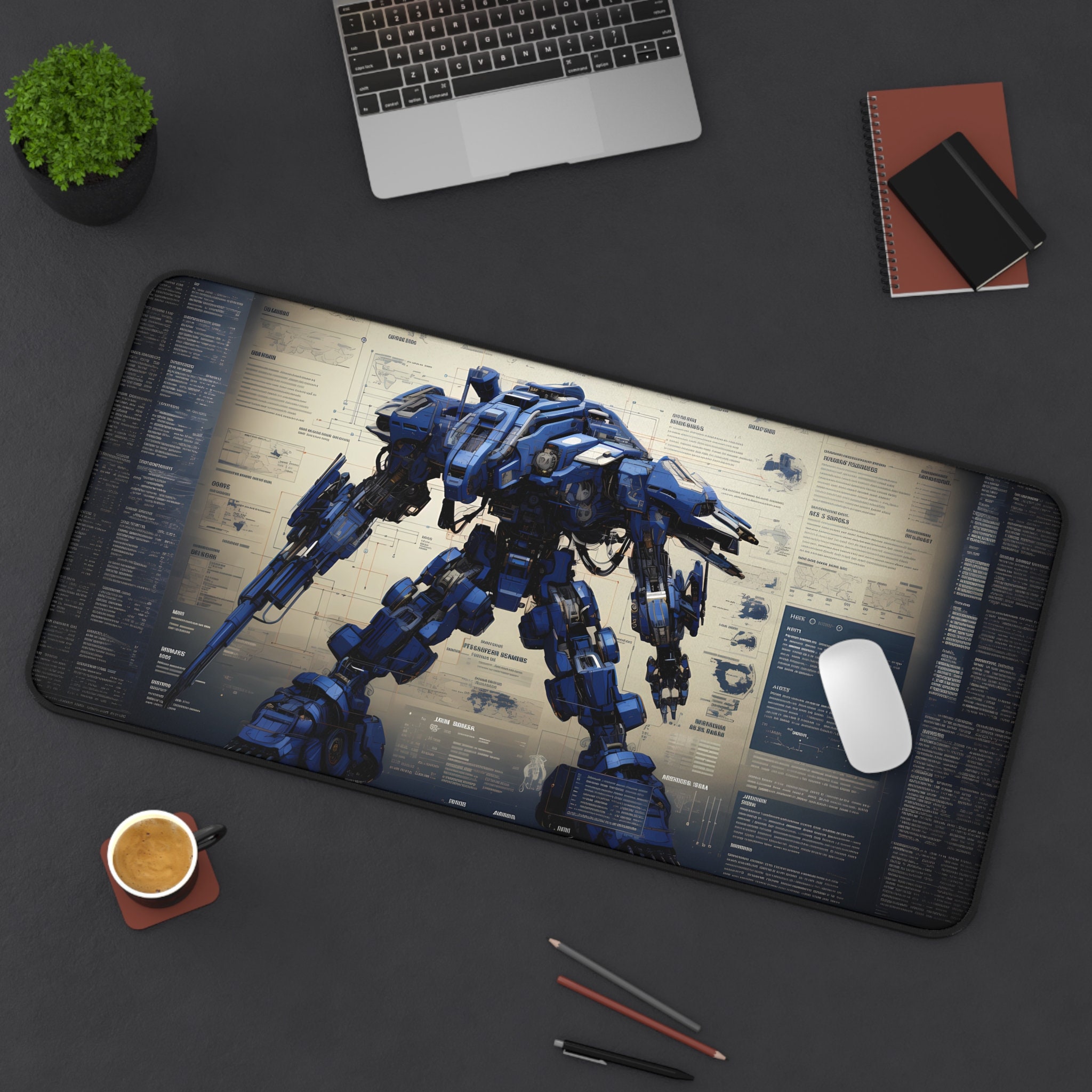 Mecha Desk Mat, Armored Robot Mouse Pad XXL, Anti-slip Mech Warrior Gaming Mousepad, Blueprint Engineering Desk Decor for Work and Game