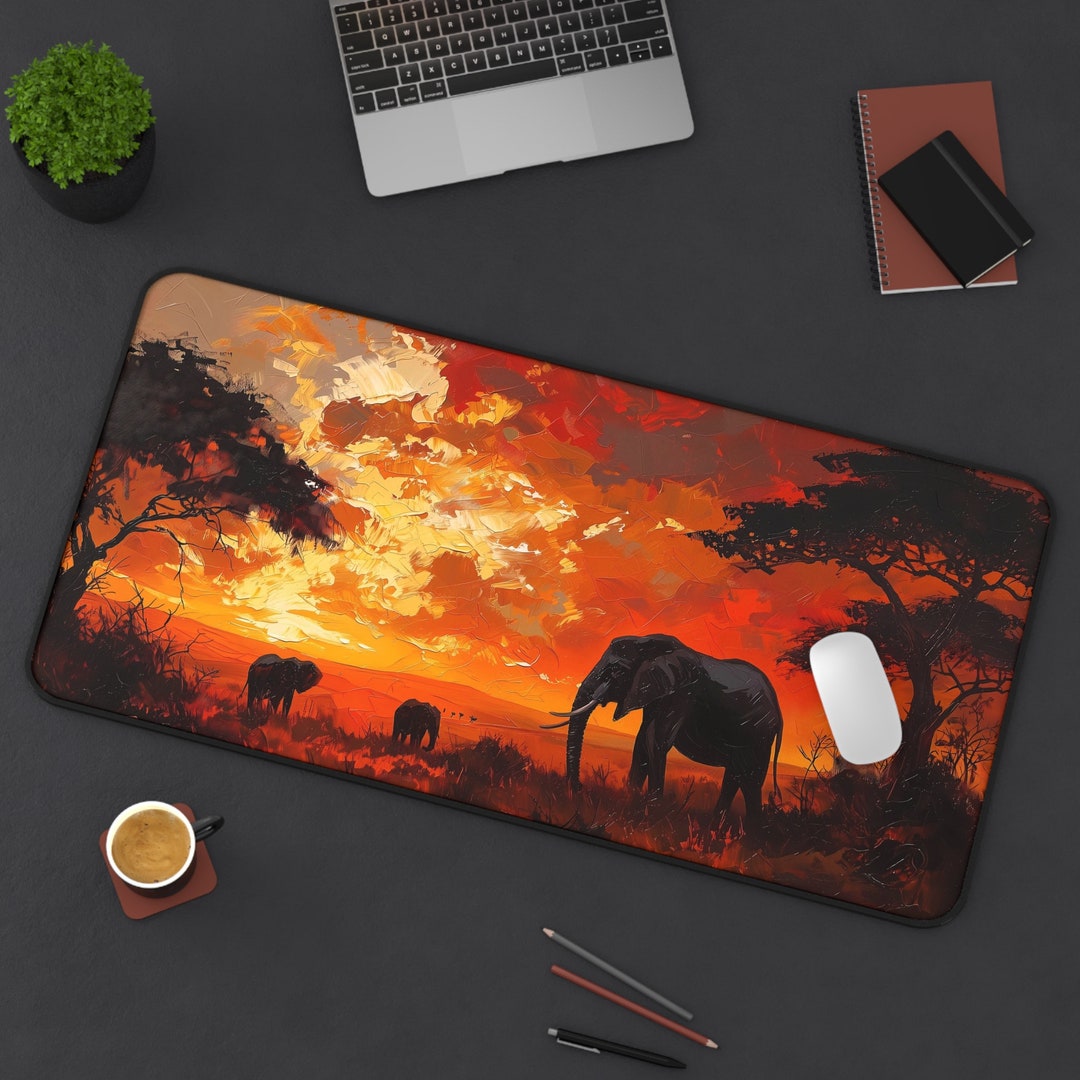 African Savanna Desk Mat, Elephants at Sunset Mousepad XXL, Antislip Gaming Mousepad, Oil