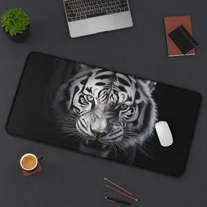 White Tiger Desk Mat: Bleached Asian Feline Art Mousepad