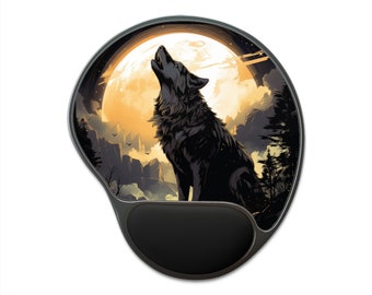 Howling Wolf Mouse Pad With Wrist Rest, Ergonomic Black Mousepad, Fantasy Moon Art, Memory Foam Support