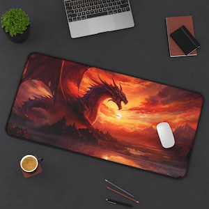 Majestic Dragon Desk Mat, Fantasy Landscape Mouse Pad XXL, Anti-slip FRP Gaming Mousepad, CRPG Dragon Desk Decor for Work and Play
