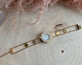 Gold Kleeblatt Armbanduhr | Stainless Steel Armbanduhr | Kleeblatt Armband