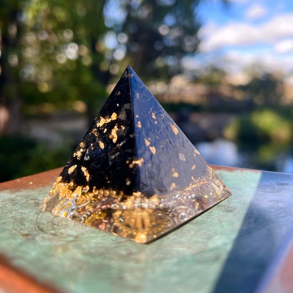 Healing Orgonite Pyramid with Obsidian and Gear for Energy Balance, EMF Protection, Handmade Orgone, Black & Golden Desk Decor, Stream Style