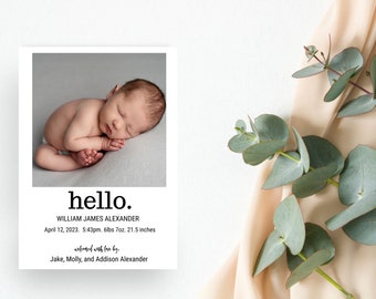 Modern Minimalist Birth Announcement, Personalized, Digital Design