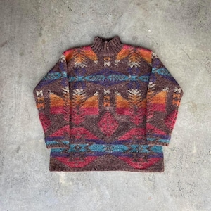 Vintage 90s Lauren Ralph Lauren Hand knit western ombré wool sweater Small
