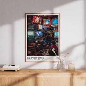 May include: A framed art print featuring a retro-style scene of a room filled with old televisions and electronic equipment. The print has the text "Basement Uplink" at the bottom. A person is seated in front of the screens.