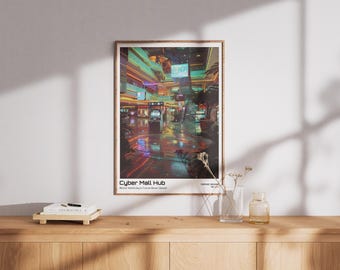 Neon cyberpunk-stadsgezicht print – scifi-muurkunst gamerkamer (digitale download)