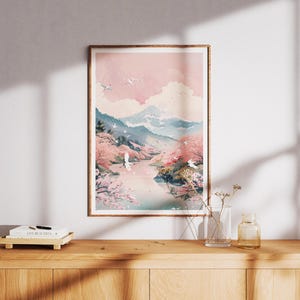 Japanese wall art, Zen decor, Cherry Blossom Poster, Pink Poster, Ukiyo-e poster,  Japanese mountain, Whispers of Sakura –  Digital Download