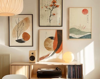 May include: A collection of framed art prints with abstract and Japanese-inspired designs. The prints feature warm colors like orange, beige, and black. A wooden cabinet holds a turntable, speaker, and a collection of vinyl records, creating a cozy, artistic atmosphere.