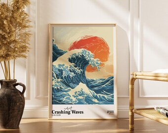 Japońska fala – wydruk ścienny (wysyłka) – plakat „Rozbijający się ocean”, wystrój inspirowany ukiyo-e