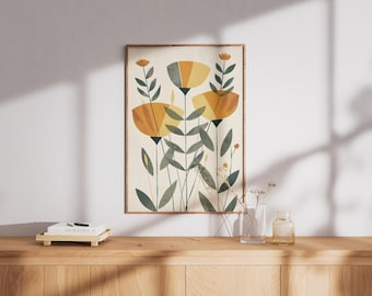 Mid Century Modern Floral Print – Sage Green Botanical Wall Art (Digital Download)