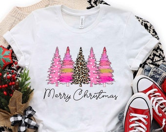 Merry Christmas Leopard Pink Christmas Trees T-Shirt, Merry Christmas Shirt, Cute Christmas Tee, Women Leopard Christmas Shirt, Holiday Gift