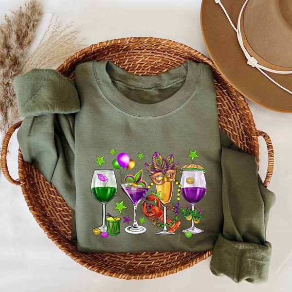 Mardi Gras Drink Shirt, Mardi Gras Drinking Party Sweatshirt, Wine Mardi Gras Beads Shirt , Mardi Gras Carnival,Fat Tuesday Wine Sweatshirt