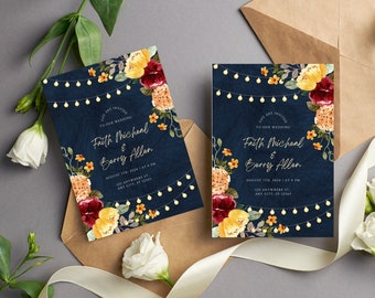 Tarjeta de boda floral con luz de cadena y acuarela / Diseño de invitación de boda editable e imprimible / Plantilla de descarga digital e instantánea