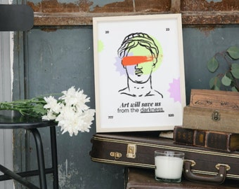 Neón colorido estatua antigua motivacional pared arte lienzo impresión / arte de descarga digital e instantánea / arte de lienzo motivacional colgante en casa